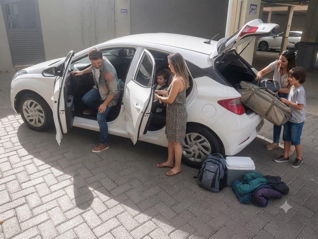Família carregando bagagens no veículo revisado na Executiva Automecânica